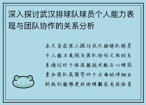 深入探讨武汉排球队球员个人能力表现与团队协作的关系分析